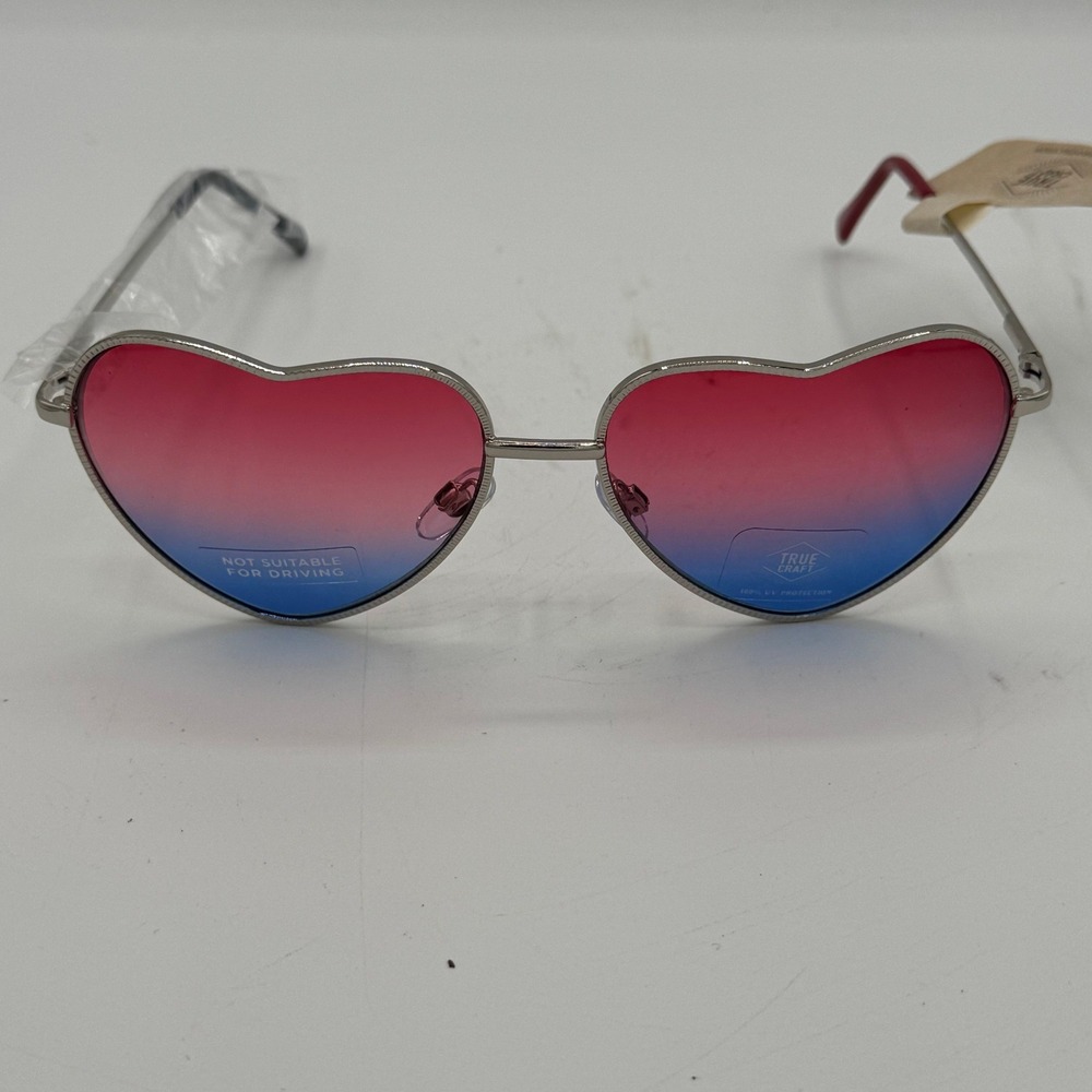 True Craft Heart Sunglasses Pink Blue Gradient Lens Silver Metal Frame UV
